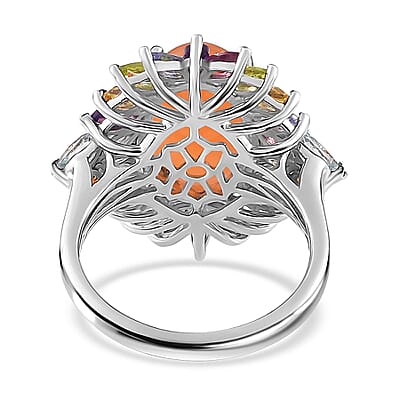 Peach Moonstone and Multi Gemstone Cocktail Ring in Platinum Over Sterling Silver (Size 10.0) 8.70 ctw