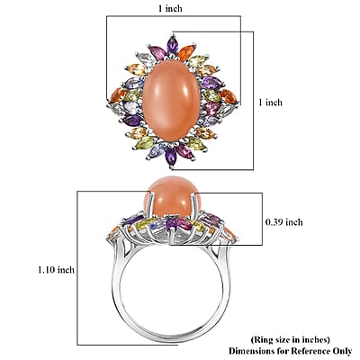 Peach Moonstone and Multi Gemstone Cocktail Ring in Platinum Over Sterling Silver (Size 10.0) 8.70 ctw