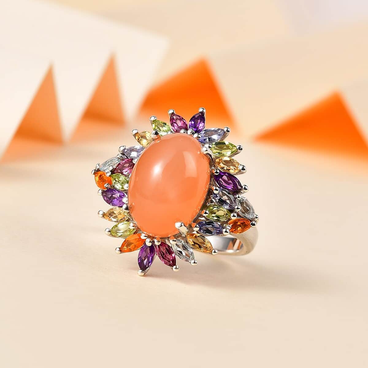Peach Moonstone and Multi Gemstone Cocktail Ring in Platinum Over Sterling Silver (Size 5.0) 8.70 ctw image number 1