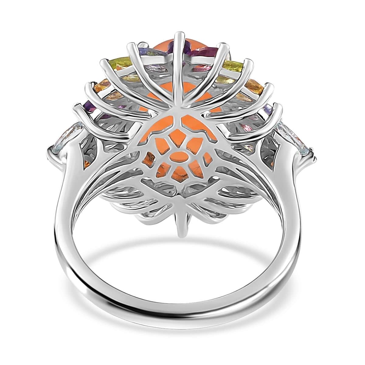 Peach Moonstone and Multi Gemstone Cocktail Ring in Platinum Over Sterling Silver (Size 6.0) 8.70 ctw image number 4