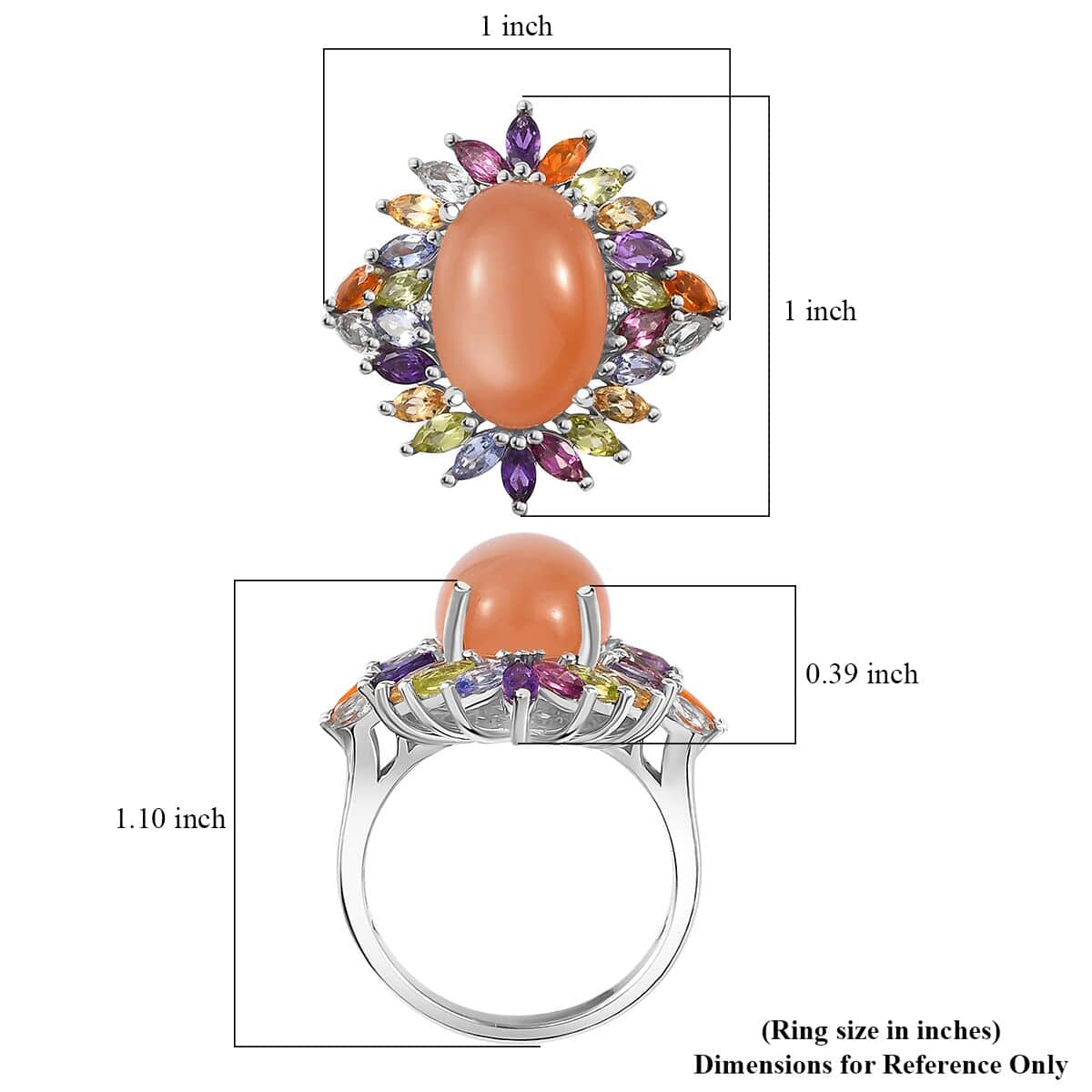 Peach Moonstone and Multi Gemstone Cocktail Ring in Platinum Over Sterling Silver (Size 6.0) 8.70 ctw image number 5