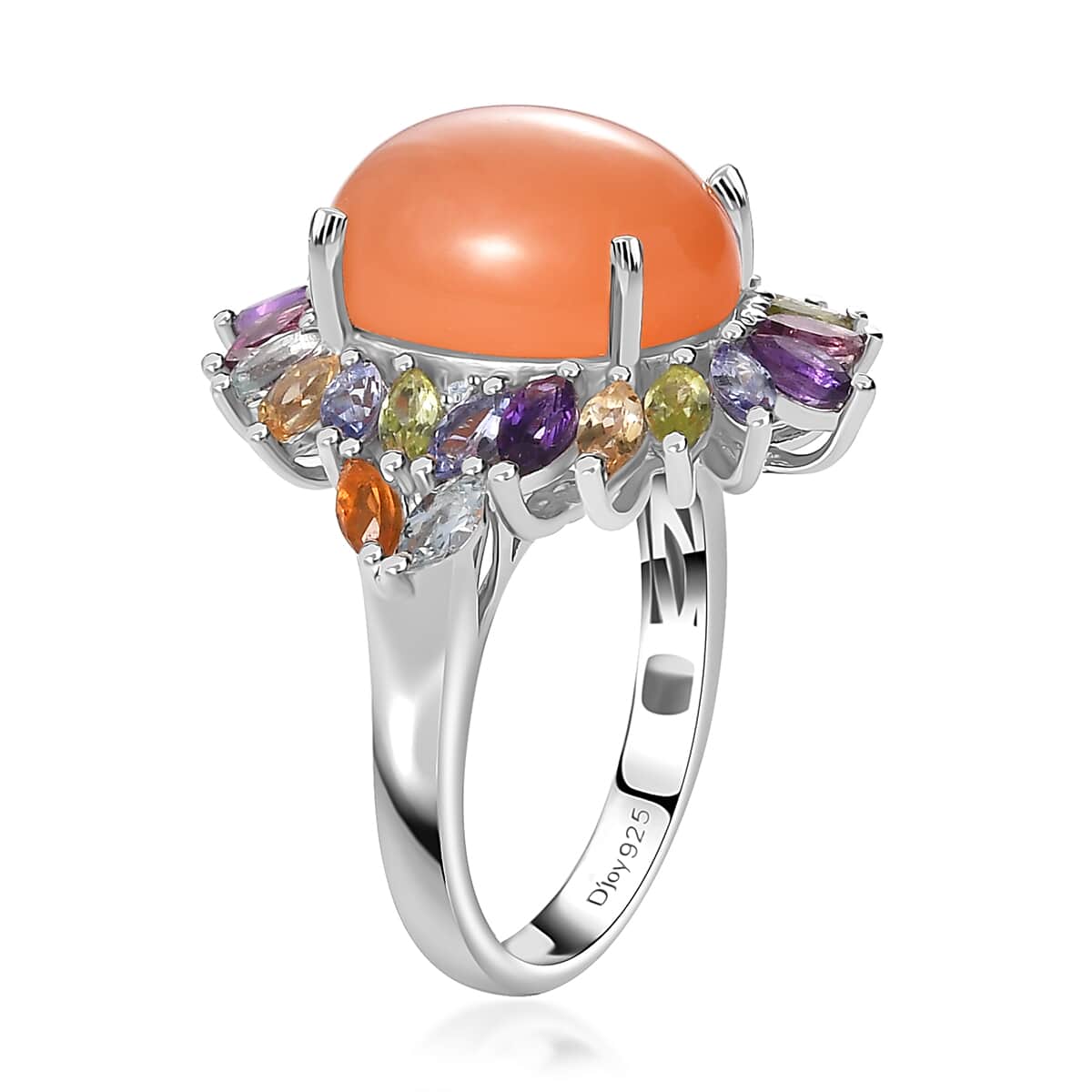 Peach Moonstone and Multi Gemstone Cocktail Ring in Platinum Over Sterling Silver (Size 8.0) 8.70 ctw image number 3
