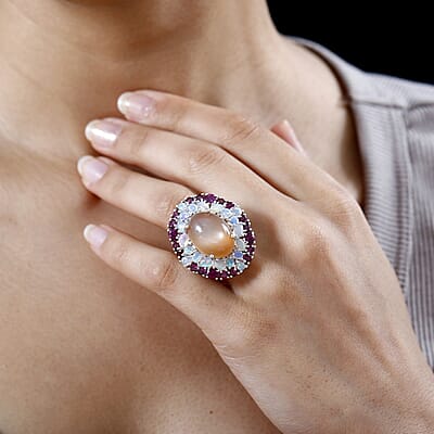 Peach Moonstone and Multi Gemstone Cocktail Ring in Platinum Over Sterling Silver (Size 10.0) 22.25 ctw