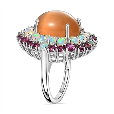 Peach Moonstone and Multi Gemstone Cocktail Ring in Platinum Over Sterling Silver (Size 10.0) 22.25 ctw