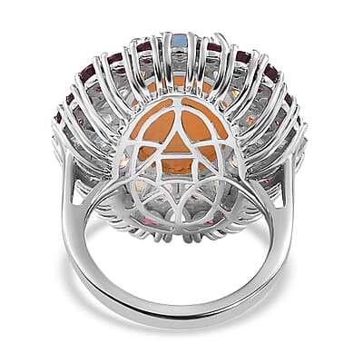 Peach Moonstone and Multi Gemstone Cocktail Ring in Platinum Over Sterling Silver (Size 10.0) 22.25 ctw