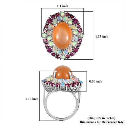 Peach Moonstone and Multi Gemstone Cocktail Ring in Platinum Over Sterling Silver (Size 10.0) 22.25 ctw