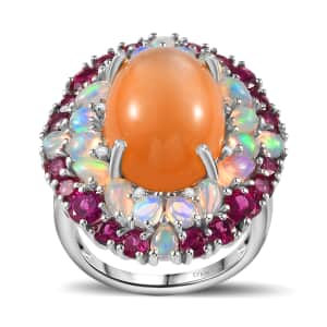 Peach Moonstone and Multi Gemstone Cocktail Ring in Platinum Over Sterling Silver (Size 6.0) 22.25 ctw