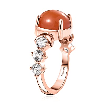 Peach Moonstone and White Topaz Celestial Ring in Vermeil Rose Gold Over Sterling Silver (Size 10.0) 3.90 ctw