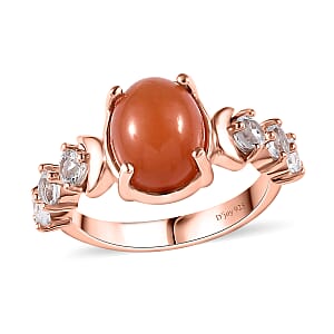 Peach Moonstone and White Topaz Celestial Ring in Vermeil Rose Gold Over Sterling Silver (Size 6.0) 3.90 ctw