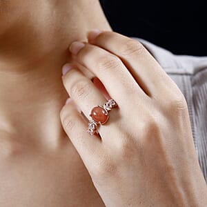 Peach Moonstone and White Topaz Celestial Ring in Vermeil Rose Gold Over Sterling Silver (Size 6.0) 3.90 ctw