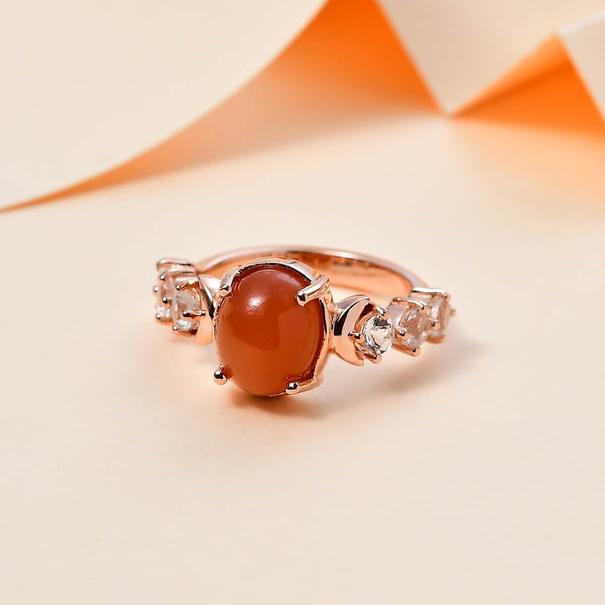 Peach Moonstone and White Topaz Celestial Ring in Vermeil Rose Gold Over Sterling Silver (Size 7.0) 3.90 ctw image number 1