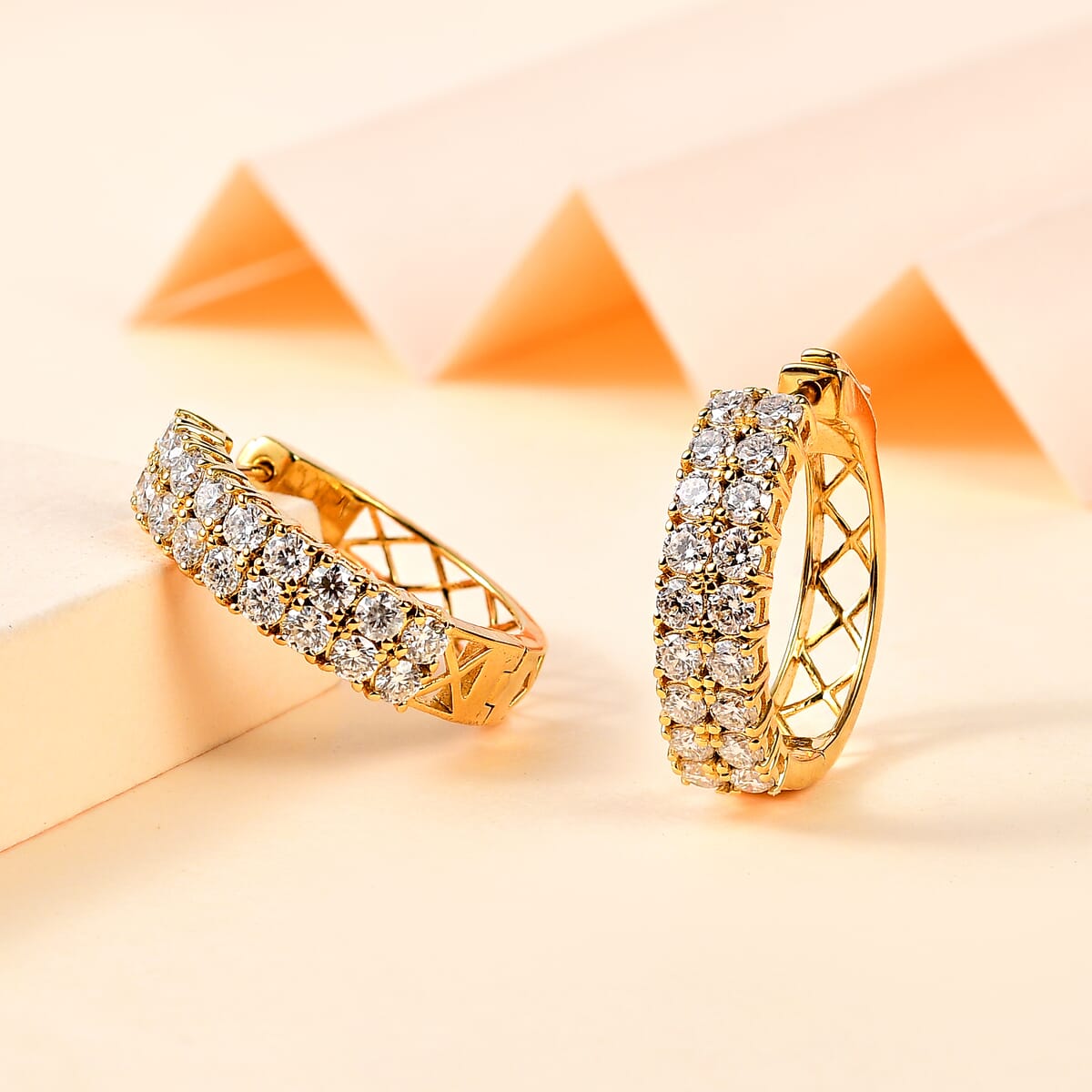 Moissanite 3.10 ctw Hoop Earrings in Vermeil Yellow Gold Over Sterling Silver image number 1