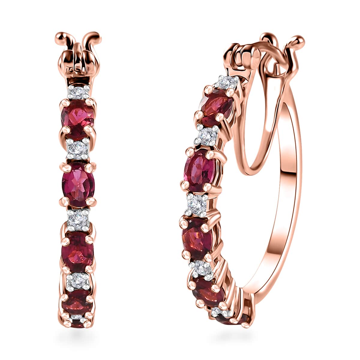 Premium Ouro Fino Rubellite and Moissanite Hoop Earrings in Vermeil Rose Gold Over Sterling Silver 1.90 ctw image number 0