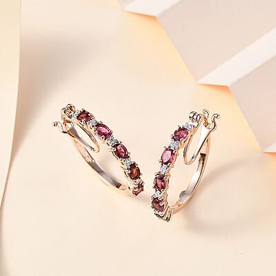 Premium Ouro Fino Rubellite and Moissanite Hoop Earrings in Vermeil Rose Gold Over Sterling Silver 1.90 ctw