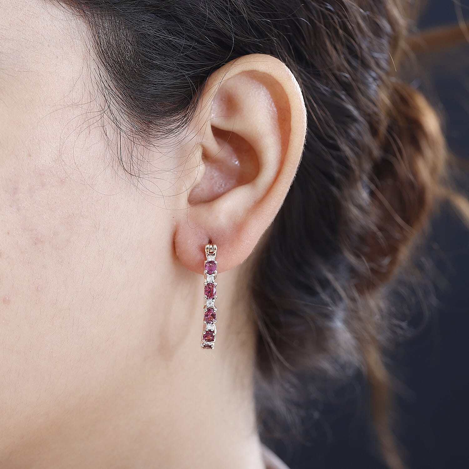 Premium Ouro Fino Rubellite and Moissanite Hoop Earrings in Vermeil Rose Gold Over Sterling Silver 1.90 ctw