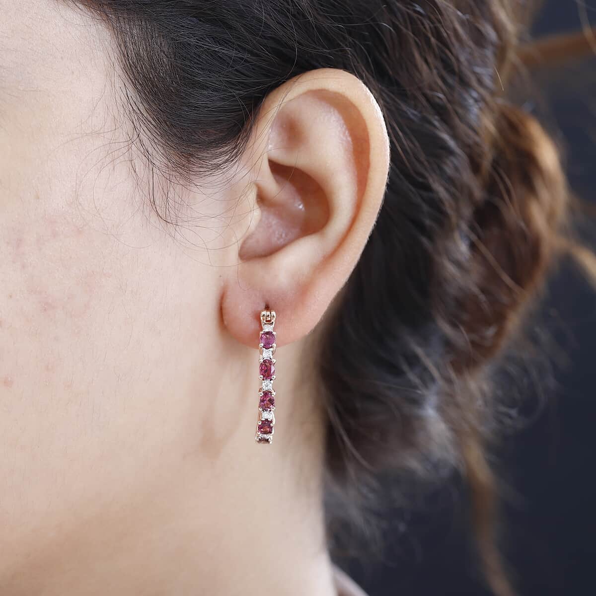 Premium Ouro Fino Rubellite and Moissanite Hoop Earrings in Vermeil Rose Gold Over Sterling Silver 1.90 ctw image number 2