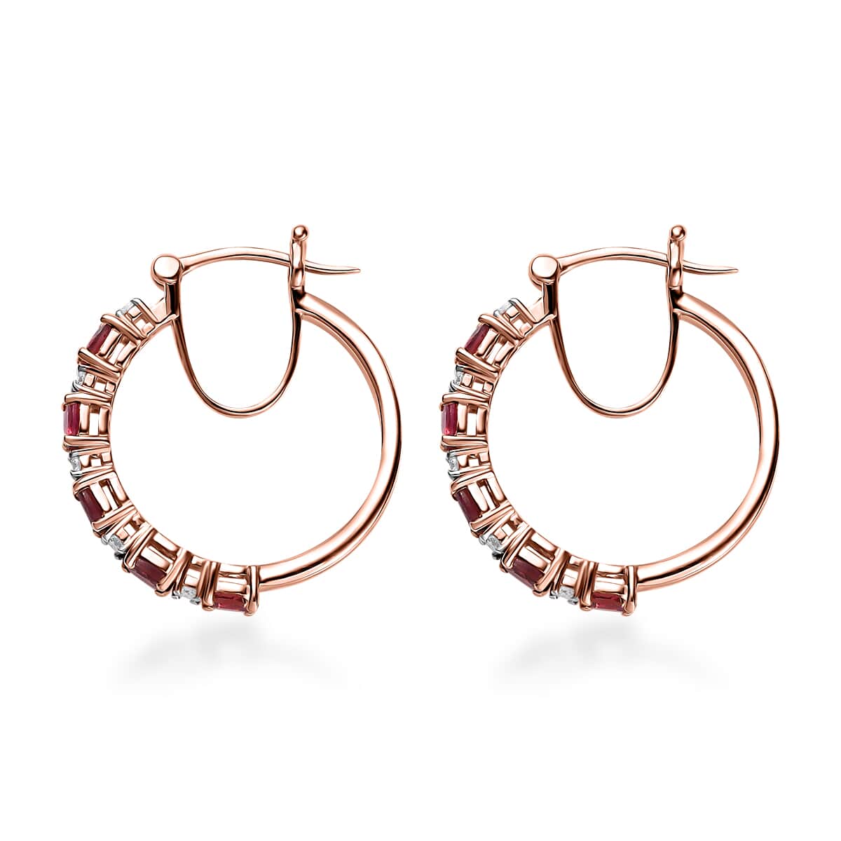 Premium Ouro Fino Rubellite and Moissanite Hoop Earrings in Vermeil Rose Gold Over Sterling Silver 1.90 ctw image number 3