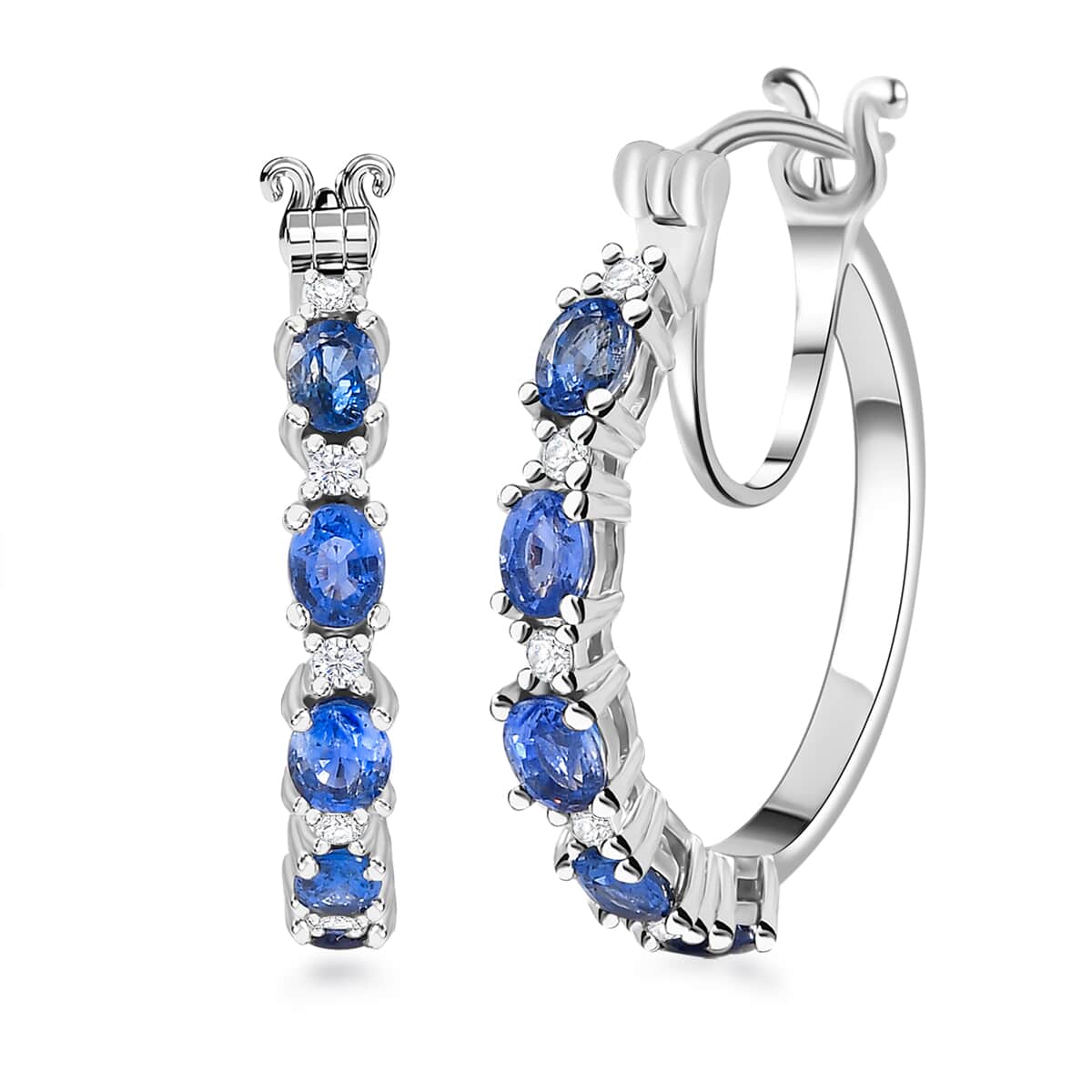 Premium Ceylon Blue Sapphire and Moissanite Hoop Earrings in Platinum Over Sterling Silver 2.10 ctw image number 0