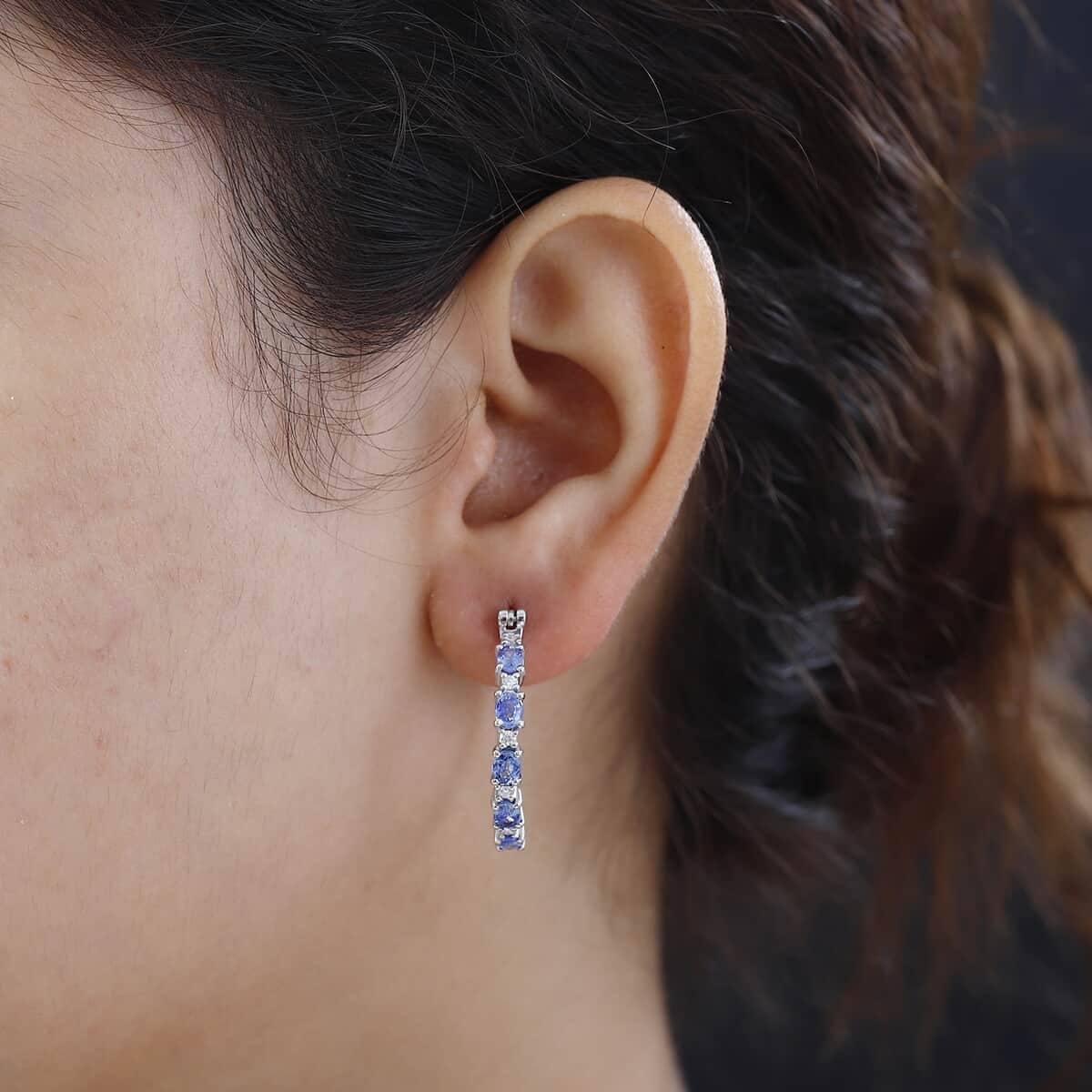 Premium Ceylon Blue Sapphire and Moissanite Hoop Earrings in Platinum Over Sterling Silver 2.10 ctw image number 2