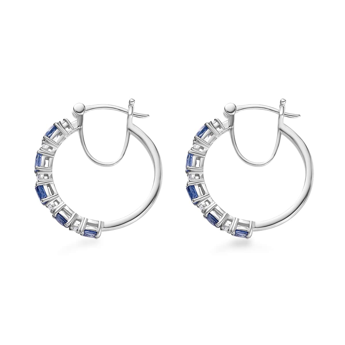 Premium Ceylon Blue Sapphire and Moissanite Hoop Earrings in Platinum Over Sterling Silver 2.10 ctw image number 3