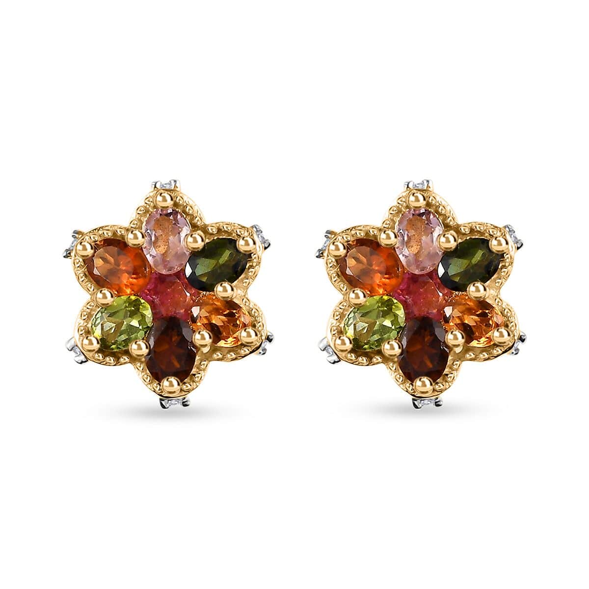 Multi-Tourmaline and White Zircon Floral Stud Earrings in Vermeil Yellow Gold Over Sterling Silver 2.60 ctw image number 0