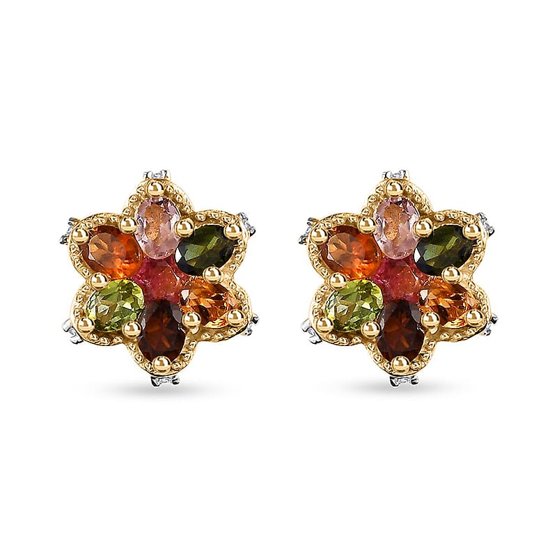 Multi-Tourmaline and White Zircon Floral Stud Earrings in Vermeil Yellow Gold Over Sterling Silver 2.60 ctw