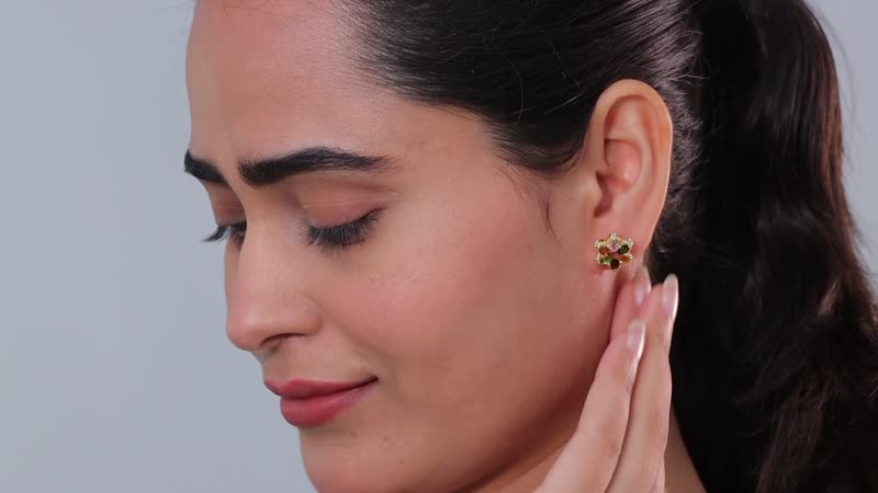 Multi-Tourmaline and White Zircon Floral Stud Earrings in Vermeil Yellow Gold Over Sterling Silver 2.60 ctw