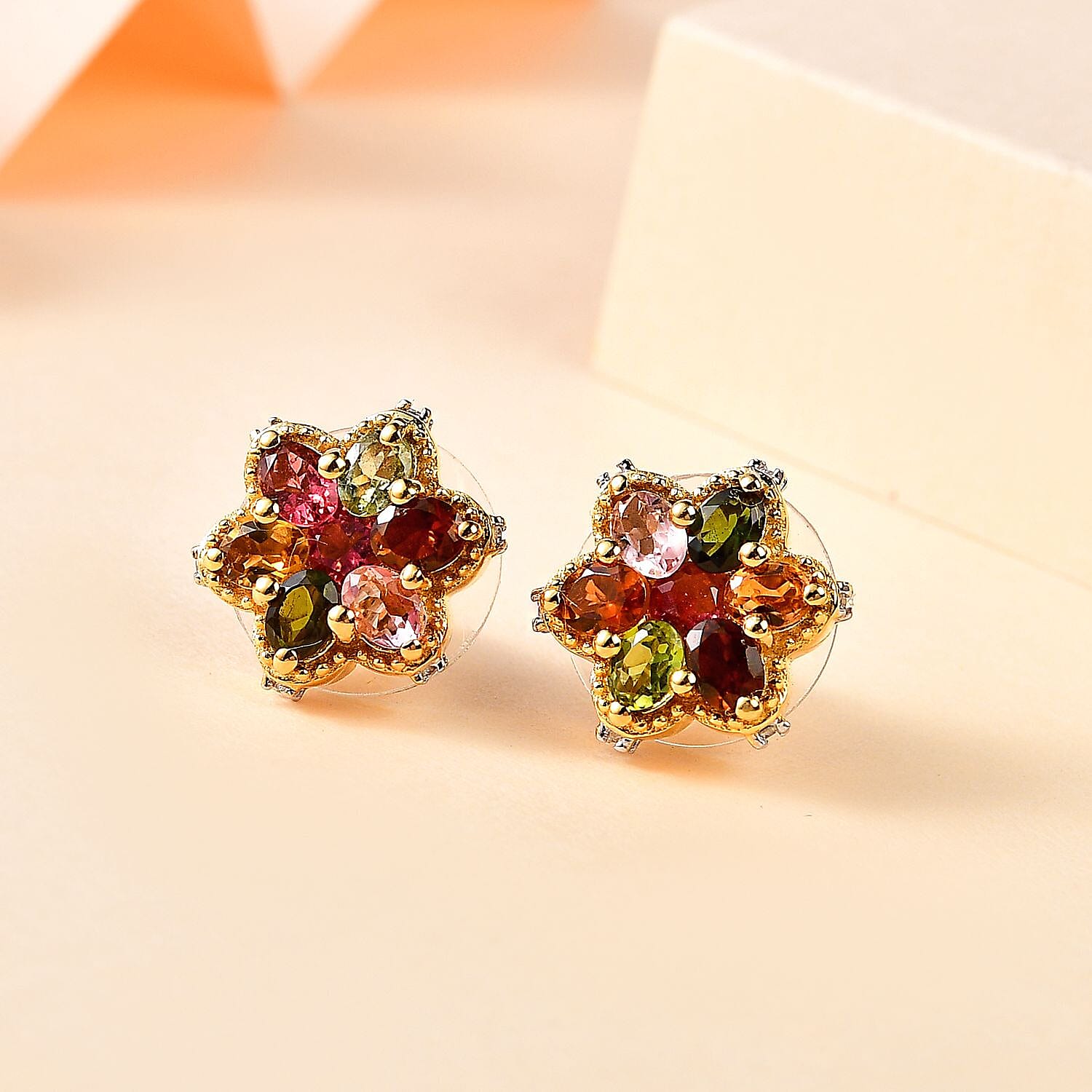 Multi-Tourmaline and White Zircon Floral Stud Earrings in Vermeil Yellow Gold Over Sterling Silver 2.60 ctw