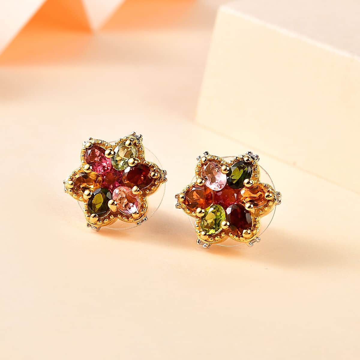 Multi-Tourmaline and White Zircon Floral Stud Earrings in Vermeil Yellow Gold Over Sterling Silver 2.60 ctw image number 1