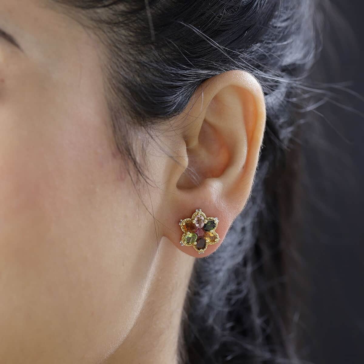 Multi-Tourmaline and White Zircon Floral Stud Earrings in Vermeil Yellow Gold Over Sterling Silver 2.60 ctw image number 2