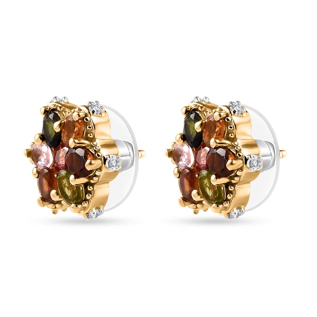 Multi-Tourmaline and White Zircon Floral Stud Earrings in Vermeil Yellow Gold Over Sterling Silver 2.60 ctw image number 3