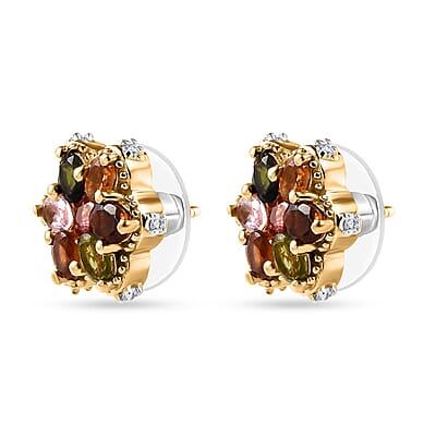 Multi-Tourmaline and White Zircon Floral Stud Earrings in Vermeil Yellow Gold Over Sterling Silver 2.60 ctw
