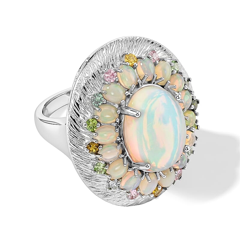 Ethiopian Welo Opal and Multi tourmaline 6.63 ctw Cluster Ring in Platinum Over Sterling Silver (Size 6.5) (8.49 g)