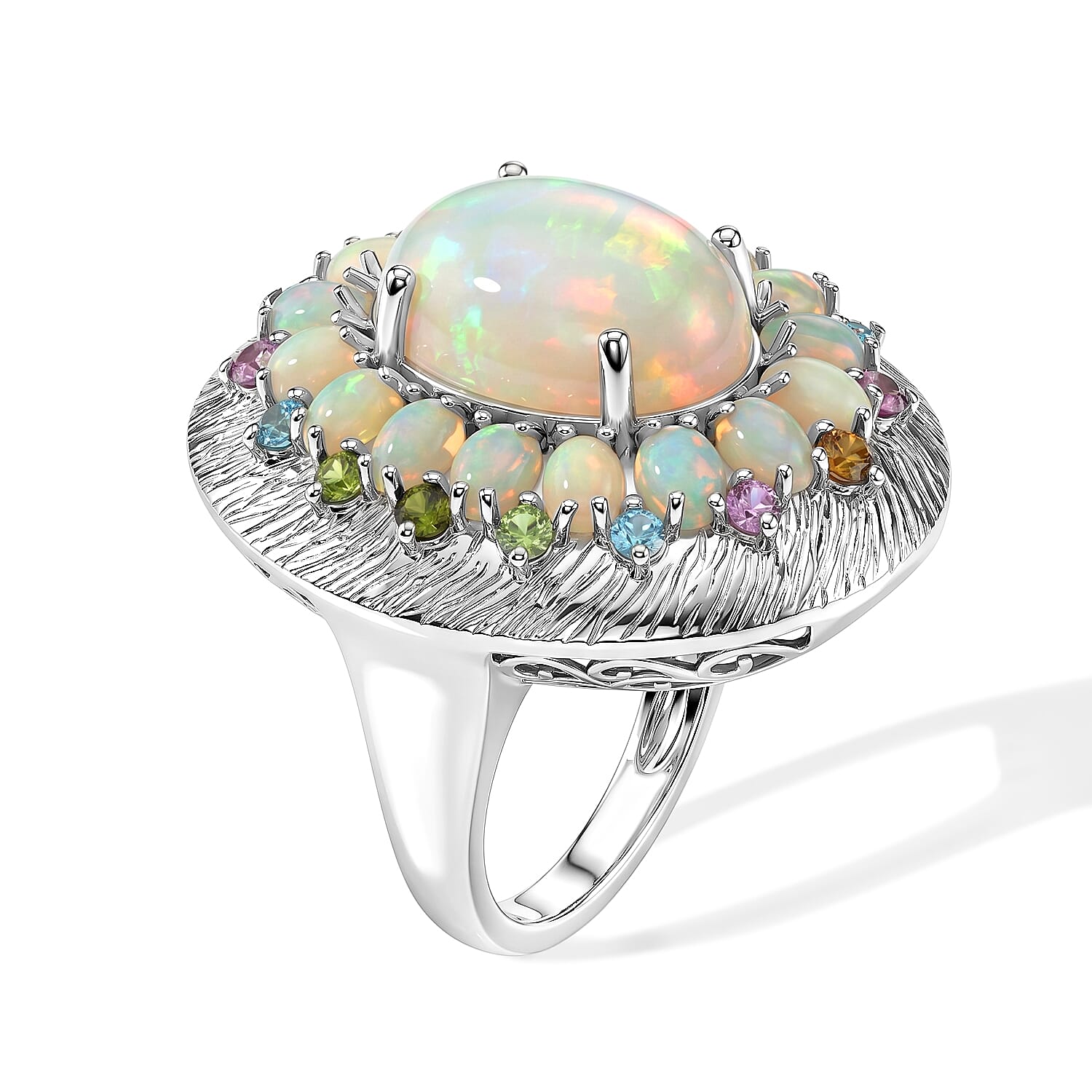 Ethiopian Welo Opal and Multi tourmaline 6.63 ctw Cluster Ring in Platinum Over Sterling Silver (Size 6.5) (8.49 g)