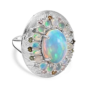 Ethiopian Welo Opal and Multi tourmaline 6.63 ctw Cluster Ring in Platinum Over Sterling Silver (Size 10.0) (8.86 g)