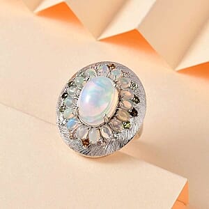 Ethiopian Welo Opal and Multi tourmaline 6.63 ctw Cluster Ring in Platinum Over Sterling Silver (Size 10.0) (8.86 g)