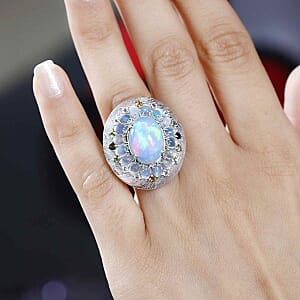 Ethiopian Welo Opal and Multi tourmaline 6.63 ctw Cluster Ring in Platinum Over Sterling Silver (Size 10.0) (8.86 g)