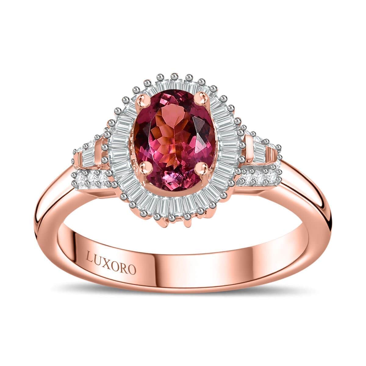 Luxoro 10K Rose Gold Premium Natural Calabar Pink Tourmaline and G-H I2 Diamond Halo Ring (Size 6.0) 4.15 Grams 1.50 ctw image number 0
