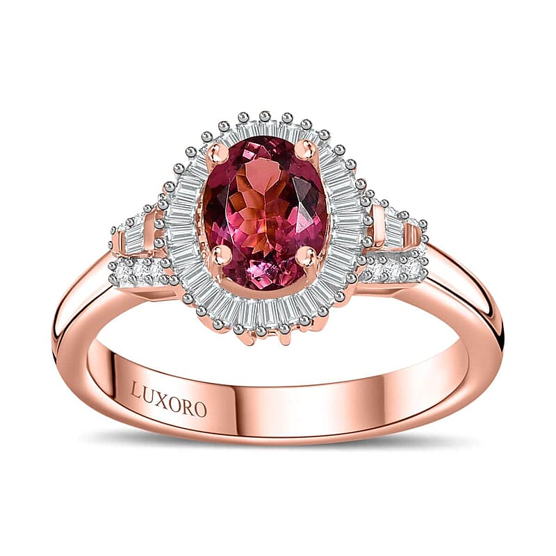 Luxoro 10K Rose Gold Premium Natural Calabar Pink Tourmaline and G-H I2 Diamond Halo Ring (Size 6.0) 4.15 Grams 1.50 ctw