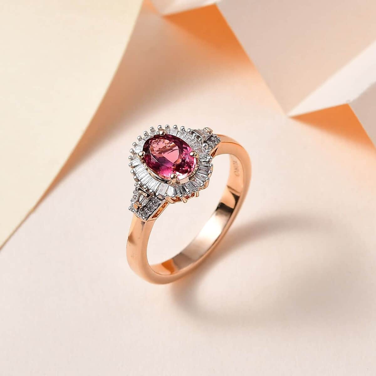 Luxoro 10K Rose Gold Premium Natural Calabar Pink Tourmaline and G-H I2 Diamond Halo Ring (Size 6.0) 4.15 Grams 1.50 ctw image number 1