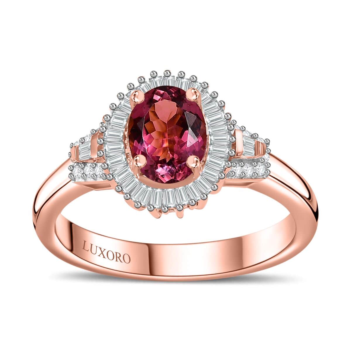 Luxoro 10K Rose Gold Premium Natural Calabar Pink Tourmaline and G-H I2 Diamond Halo Ring (Size 8.0) 4.15 Grams 1.50 ctw image number 0