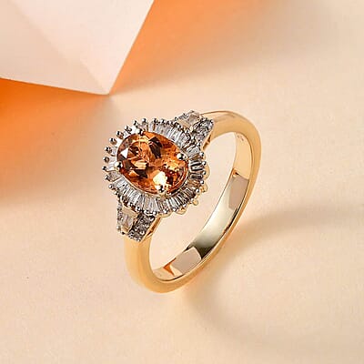 Luxoro 10K Yellow Gold Premium Calabar Golden Tourmaline and G-H I2 Diamond Halo Ring (Size 6.0) 4 Grams 1.50 ctw