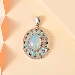 Ethiopion Welo Opal and Multi tourmaline 6.63 ctw Pendant in Platinum Over Sterling Silver