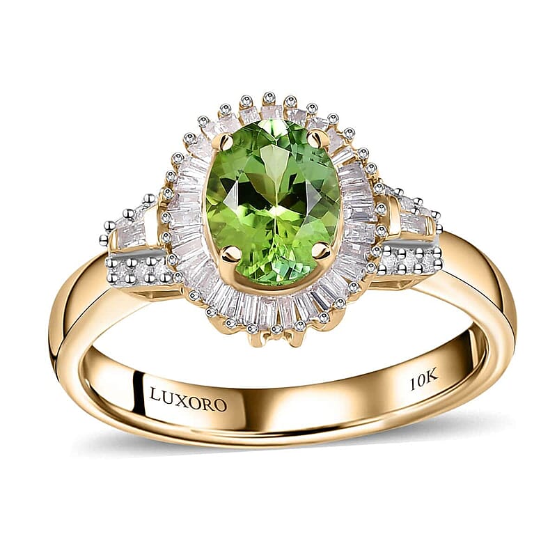 Luxoro 10K Green Gold Premium Natural Calabar Green Tourmaline and G-H I2 Diamond Halo Ring (Size 6.0) 4.60 Grams 1.40 ctw