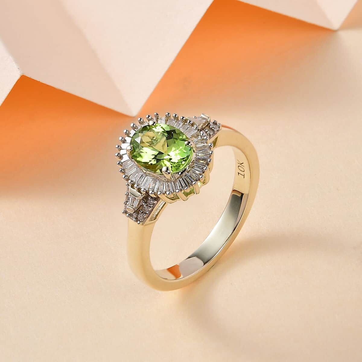 Luxoro 10K Green Gold Premium Natural Calabar Green Tourmaline and G-H I2 Diamond Halo Ring (Size 8.0) 4.60 Grams 1.40 ctw image number 1