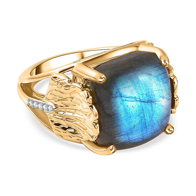 GP Labradorite and White Zircon 13.68 ctw Fancy Ring in Vermeil Yellow Gold Over Sterling Silver (Size 8.0) (8.28 g)