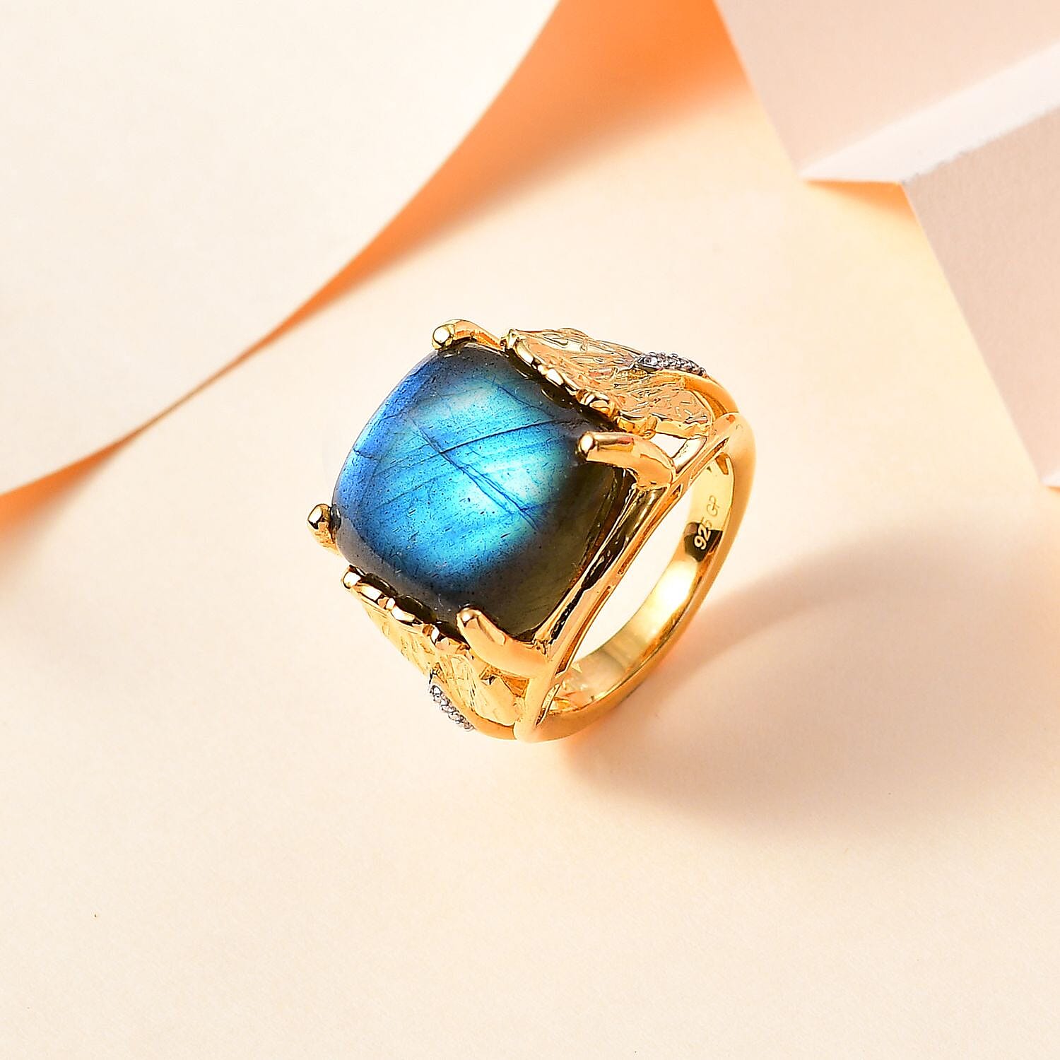 GP Labradorite and White Zircon 13.68 ctw Fancy Ring in Vermeil Yellow Gold Over Sterling Silver (Size 8.0) (8.28 g)