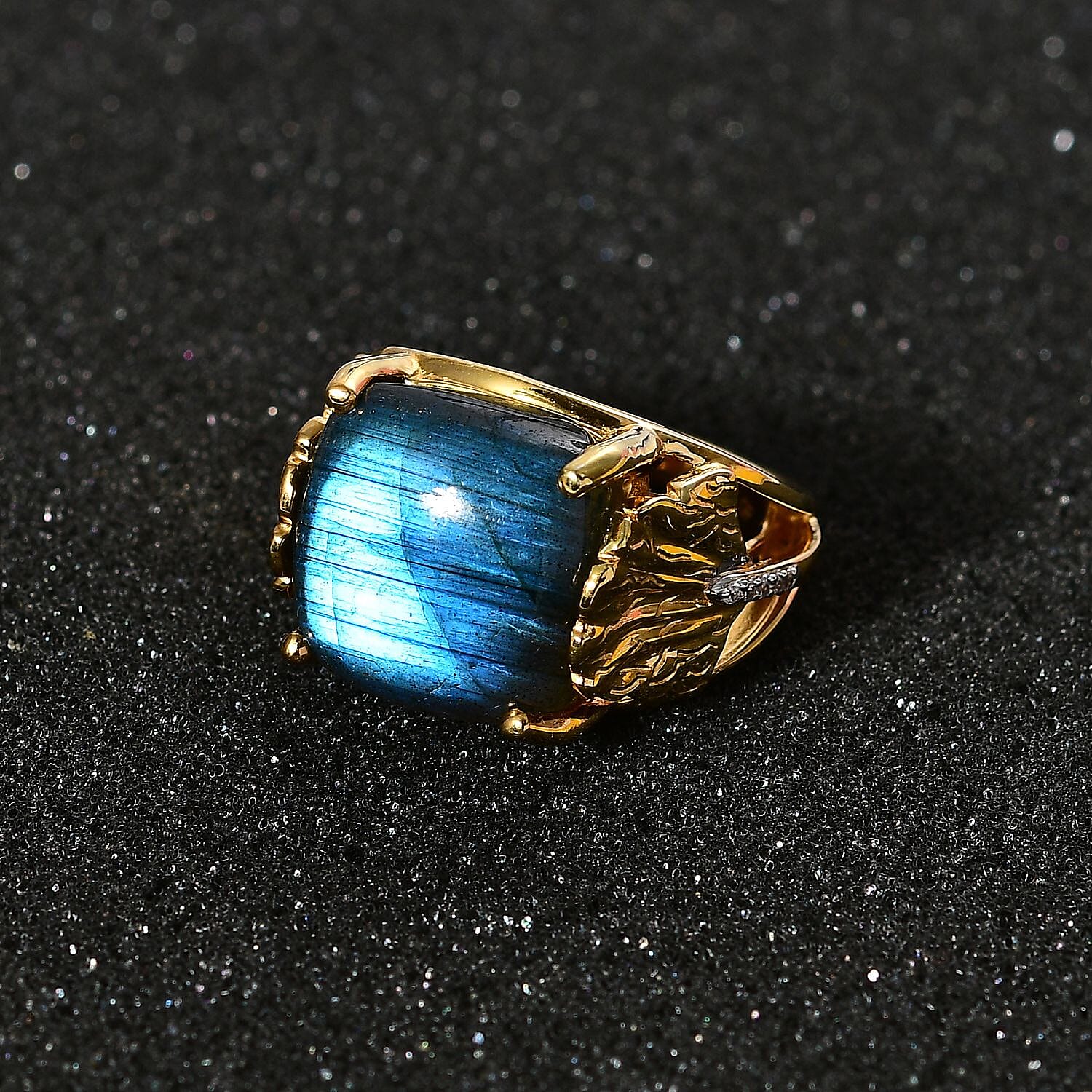 GP Labradorite and White Zircon 13.68 ctw Fancy Ring in Vermeil Yellow Gold Over Sterling Silver (Size 8.0) (8.28 g)