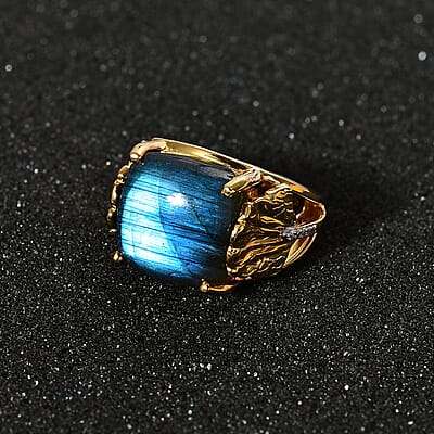 GP Labradorite and White Zircon 13.68 ctw Fancy Ring in Vermeil Yellow Gold Over Sterling Silver (Size 8.0) (8.28 g)