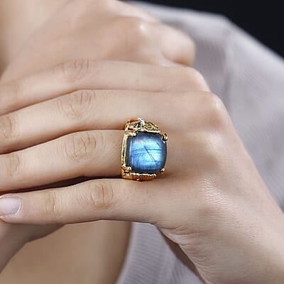 GP Labradorite and White Zircon 13.68 ctw Fancy Ring in Vermeil Yellow Gold Over Sterling Silver (Size 8.0) (8.28 g)